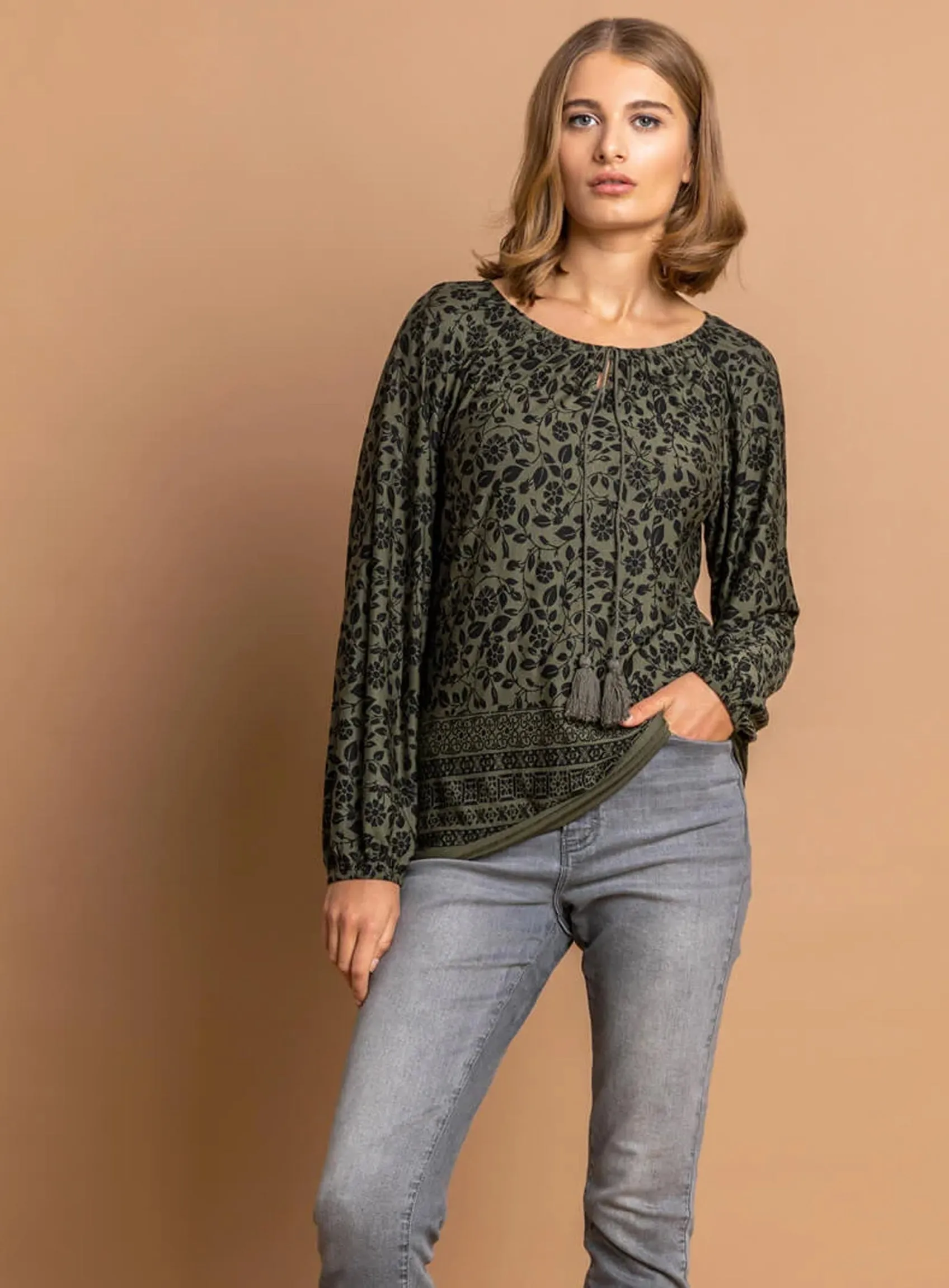 Ex Roman Khaki Floral Border Print Boho Tassel Jersey Top sold by Your Style Outlet product image thumbnail 4