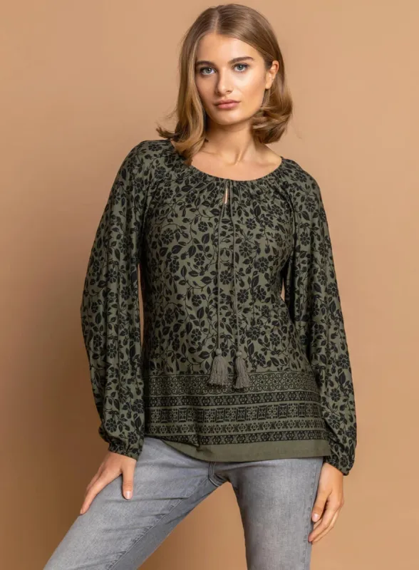 Ex Roman Khaki Floral Border Print Boho Tassel Jersey Top sold by Your Style Outlet