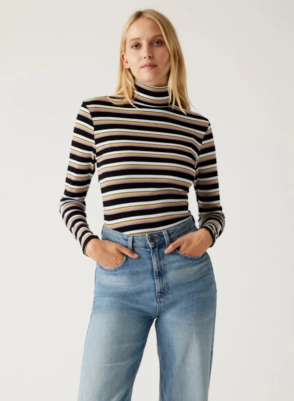 Ladies Cotton Rich Sparkly Striped Funnel Neck Top sold by Your Style Outlet