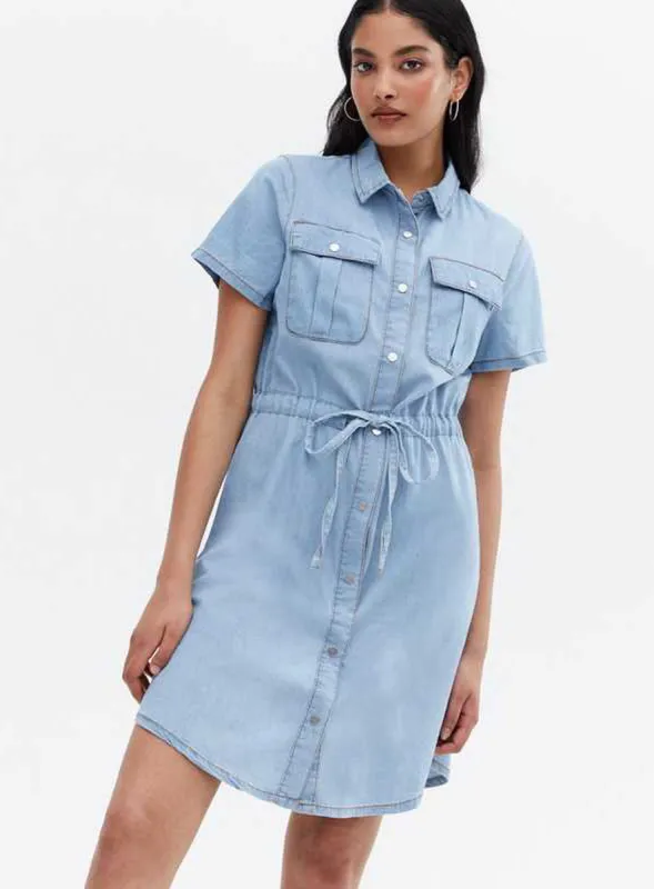 Ladies Pale Blue Denim Tie Waist Mini Shirt Dress sold by Your Style Outlet