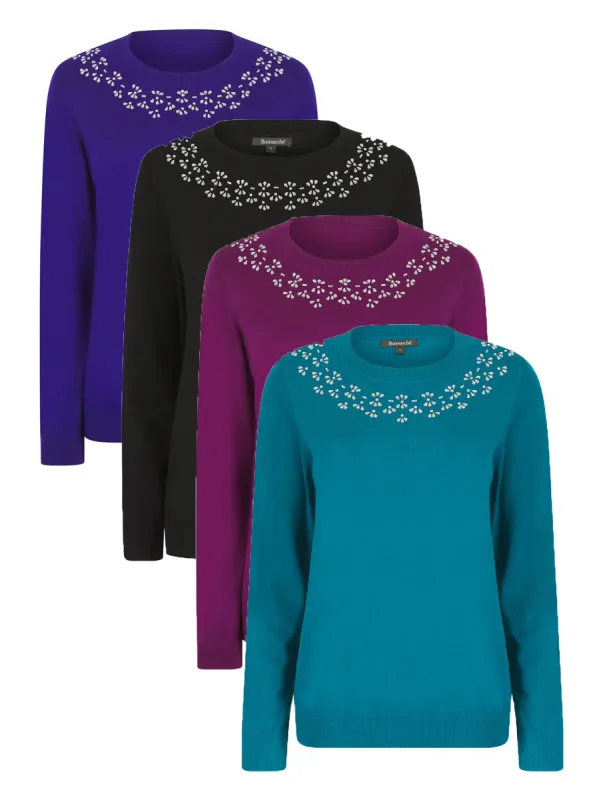 Ladies Ex Bon Marche Diamante Jewel Front Crew Neck Jumper sold by Your Style Outlet