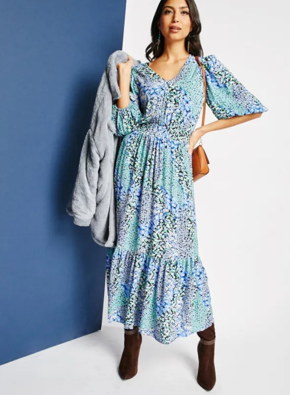 Ladies Floral Print Gathered Waist Maxi Puff Sleeve Dress sold by Your Style Outlet