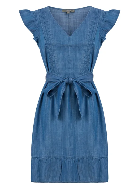 Ex Oasis Mid Blue Denim Belted Tencel Frill Dress sold by Your Style Outlet