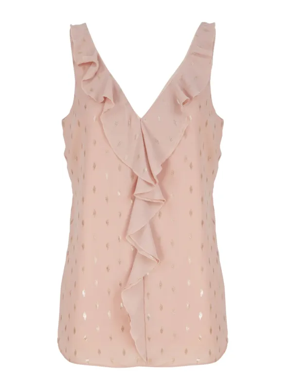 Pink Foil Print Ruffle Front Camisole Sleeveless Blouse Top sold by Your Style Outlet