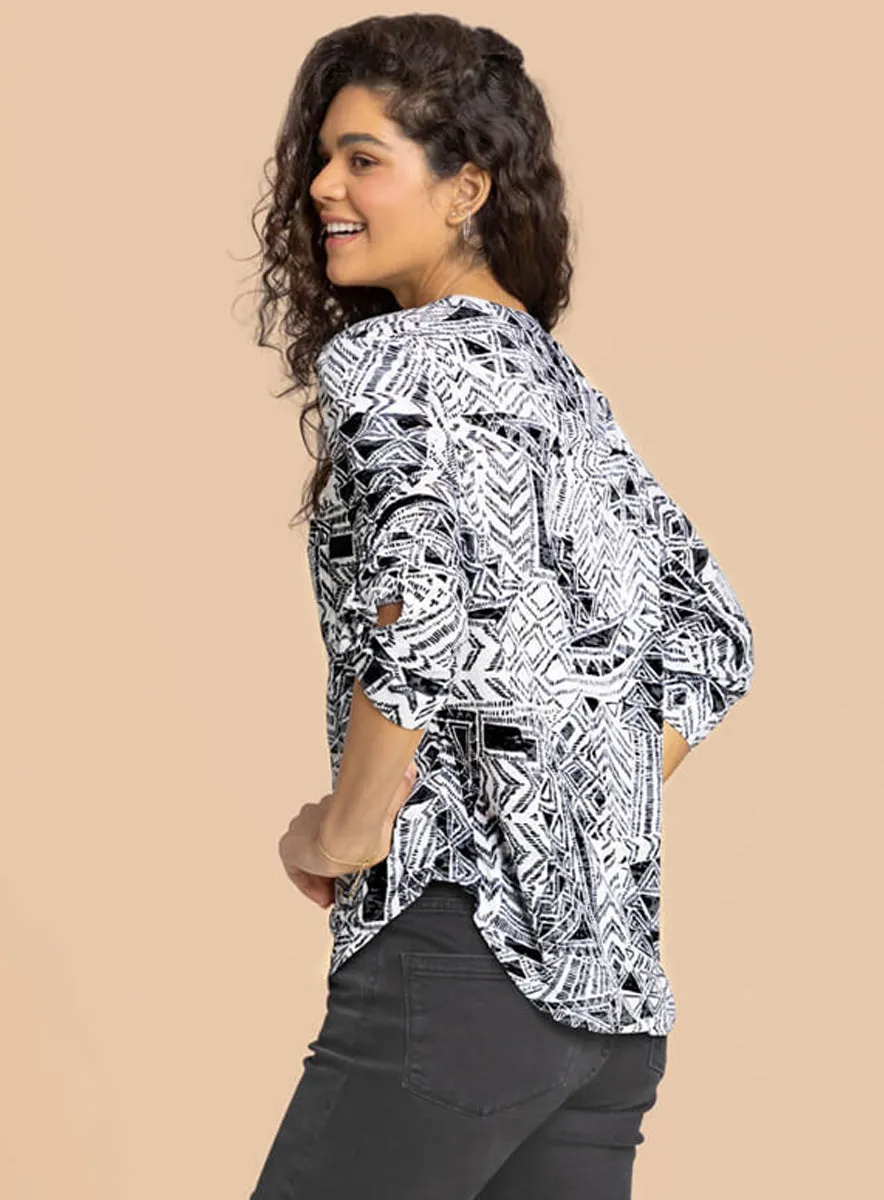 Ladies Black Aztec Print Buttoned Tunic Top sold by Your Style Outlet product image thumbnail 4