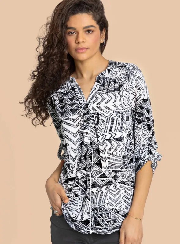 Ladies Black Aztec Print Buttoned Tunic Top made by Your Style Outlet