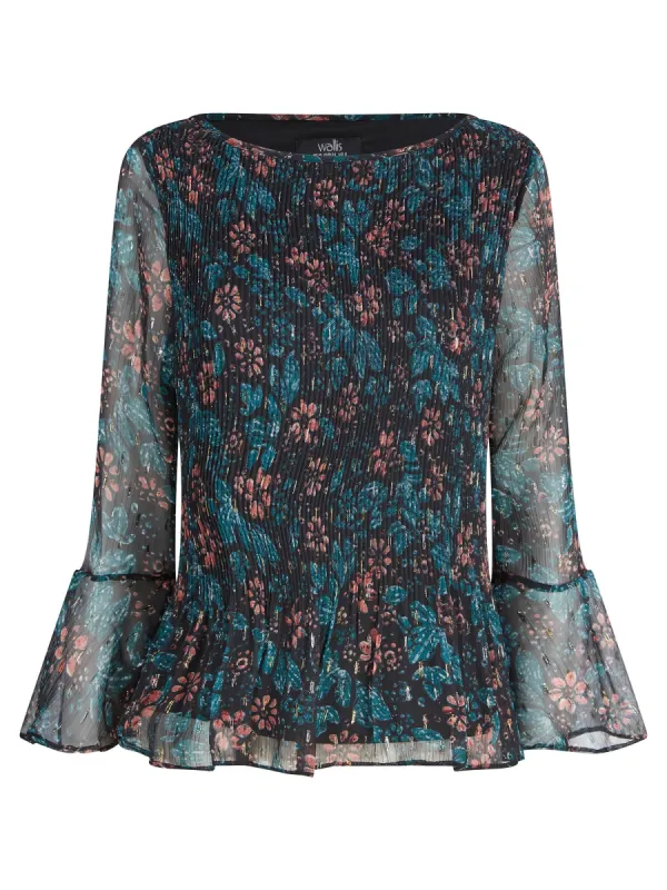Ex Wallis Green Floral Print Pleated Long Sleeve Blouse sold by Your Style Outlet