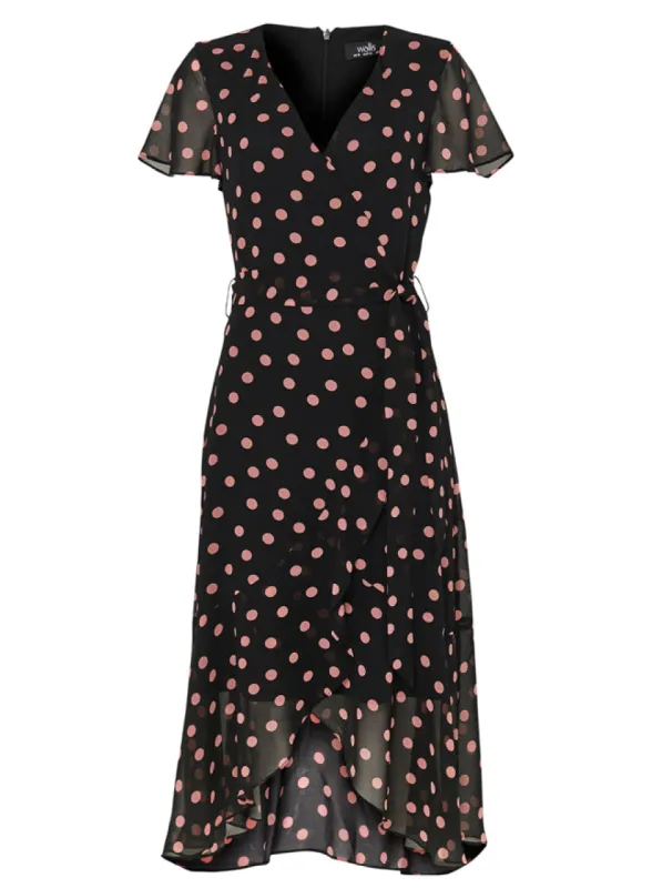 Ex Wallis Black Polka Dot Print Wrap Midi Dress sold by Your Style Outlet