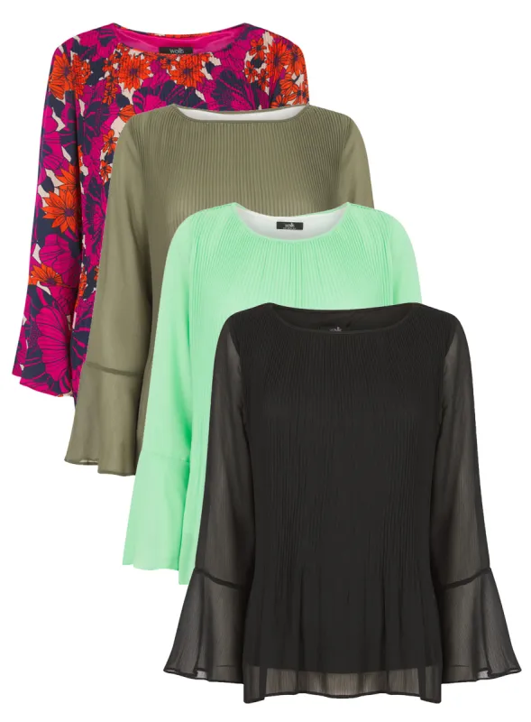 Ladies Pleated Long Sleeve Sheer Arm Blouse 4 Colours made by Your Style Outlet