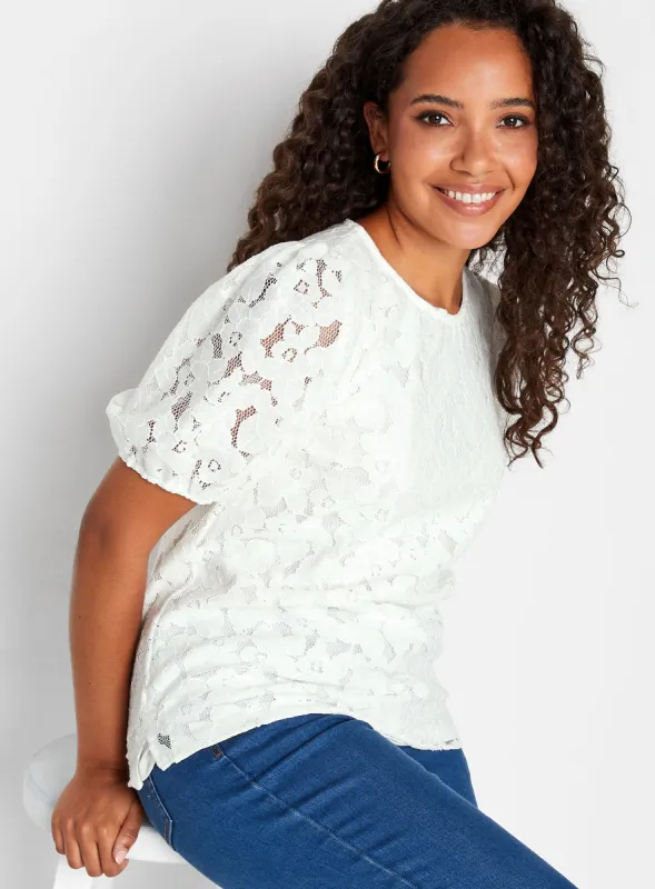 Ex M&Co Ladies White Lace Puff Sleeve Blouse sold by Your Style Outlet