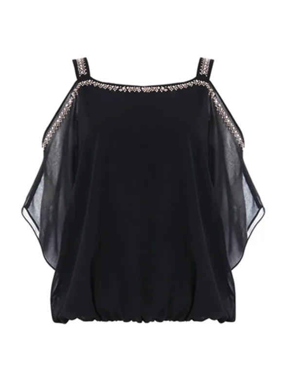 Ex Roman Originals Black Embellished Cold Shoulder Top sold by Your Style Outlet