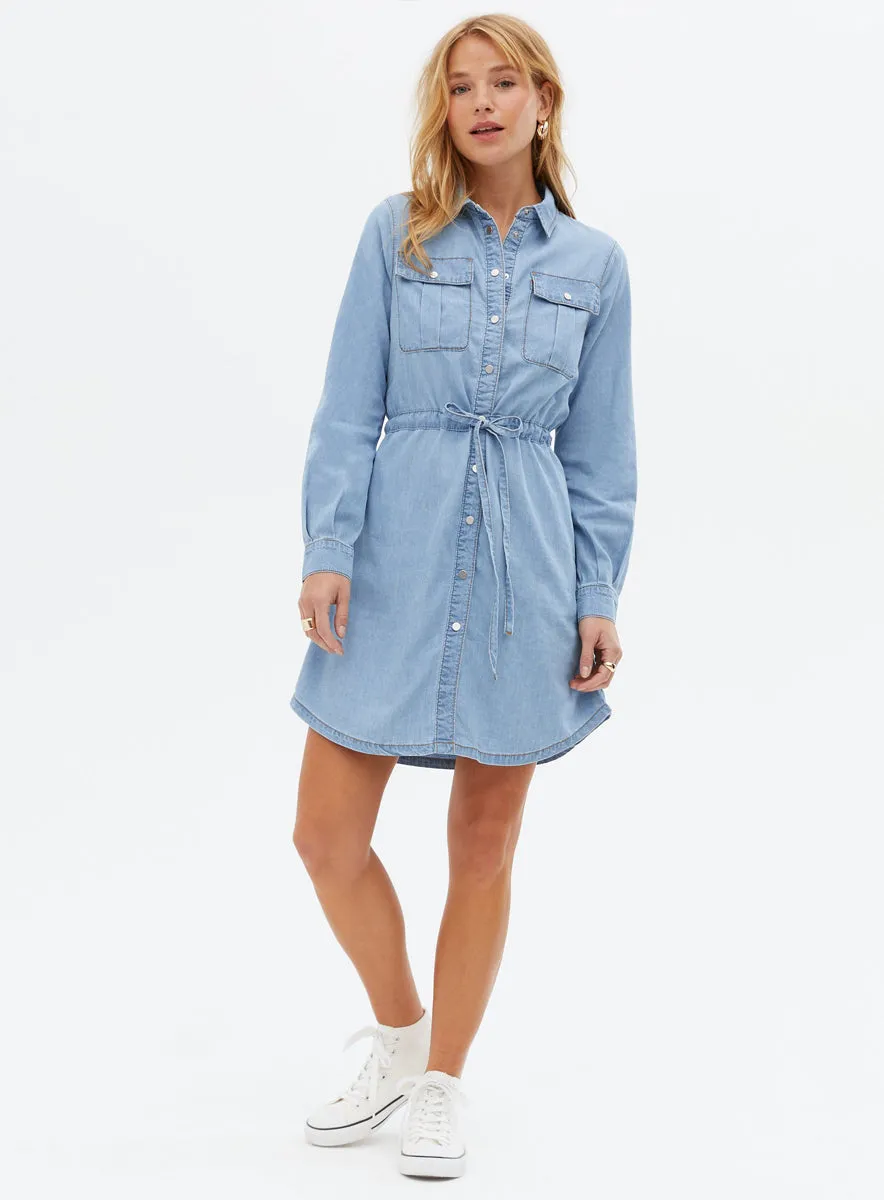 Ladies Light Blue Denim Tie Waist Mini Shirt Dress sold by Your Style Outlet