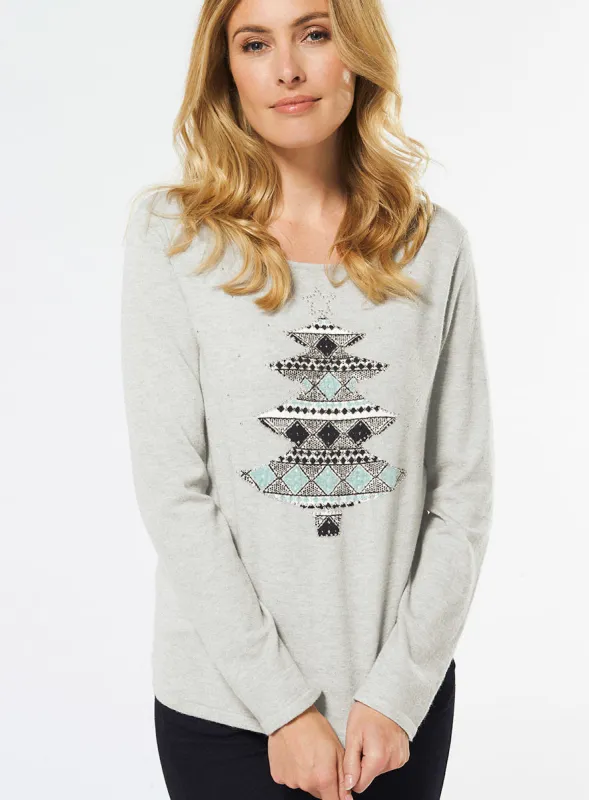 Ladies Ex Bon Marche Grey Fairisle Christmas Tree Jumper sold by Your Style Outlet