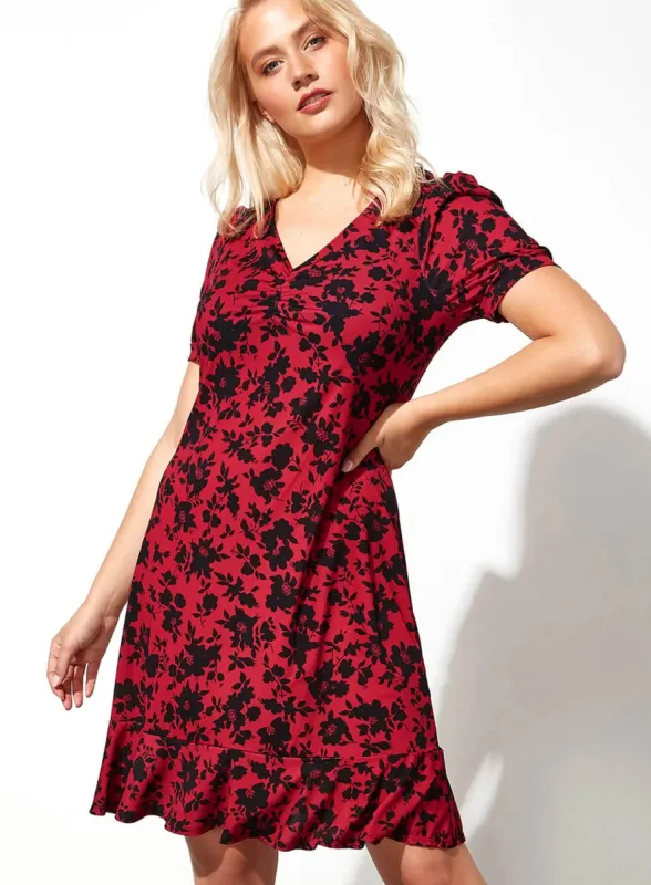 Ex Roman Red Floral Print Ruched V-Neck Skater Dress sold by Your Style Outlet