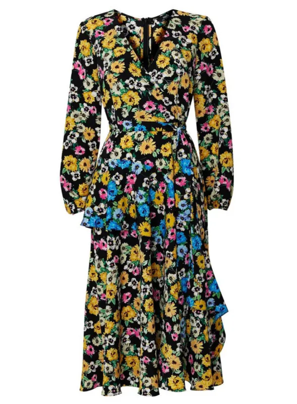 Ex Wallis Black Floral Print Tiered Wrap Midi Dress sold by Your Style Outlet