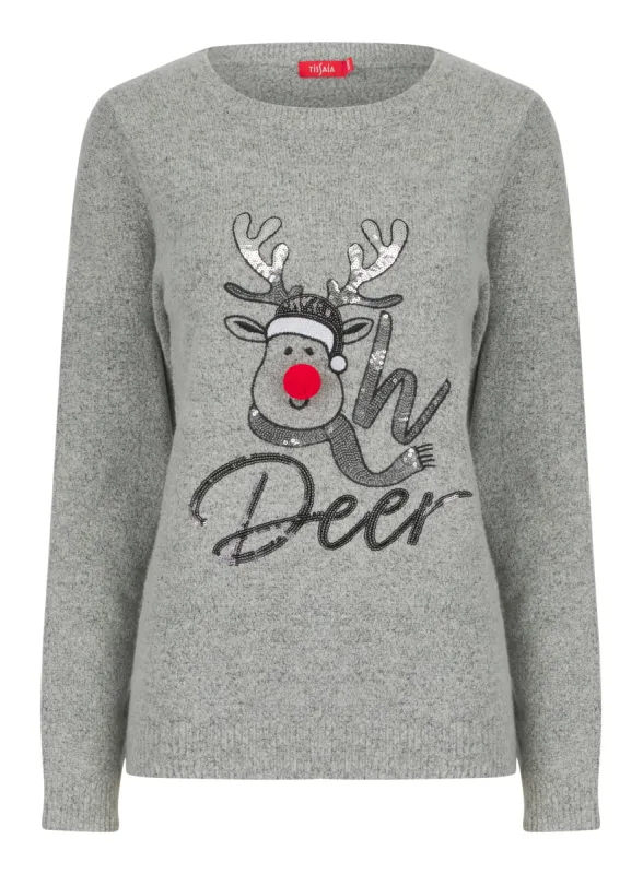 Ladies Reindeer Sequin Bobble Nose Christmas Jumper Grey sold by Your Style Outlet