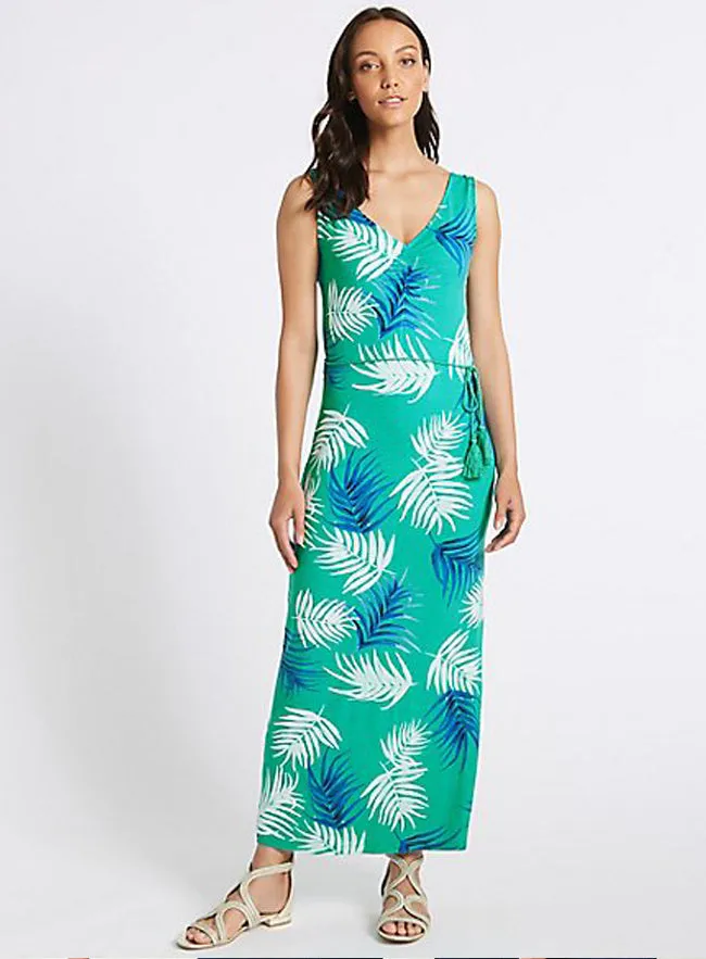 Ex Famous Store Collection Green Palm Print Slip Maxi Dress sold by Your Style Outlet