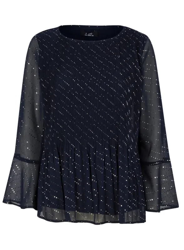Ex Wallis Navy Pleated Spot Long Sleeve Blouse sold by Your Style Outlet