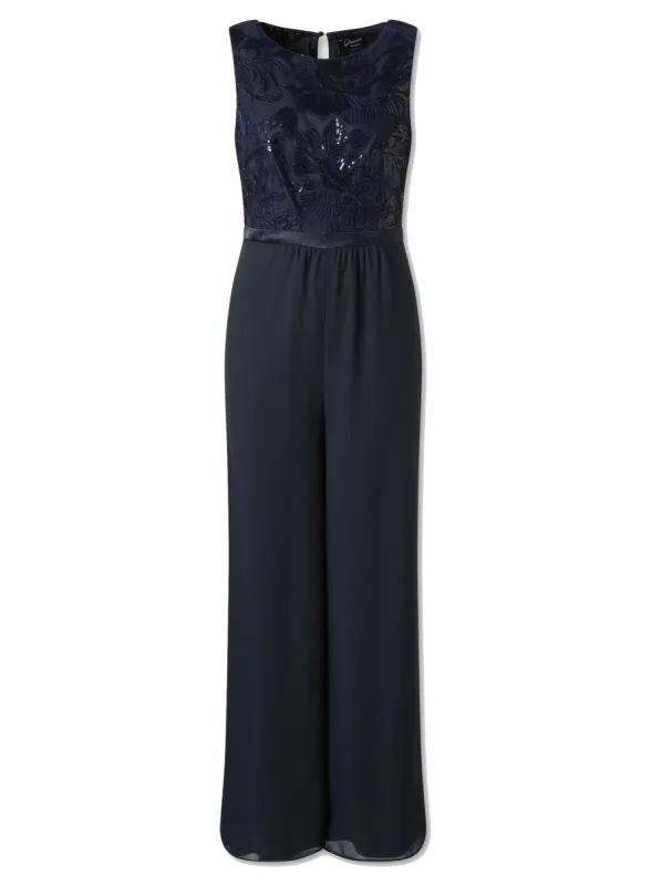 Ex Yessica Navy Blue Sequin Satin Ribbon Trouser Party Jumpsuit sold by Your Style Outlet