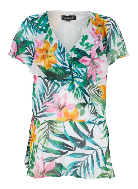Floral Print V neck Frill Short Sleeve Plus Size Top Blouse sold by Your Style Outlet