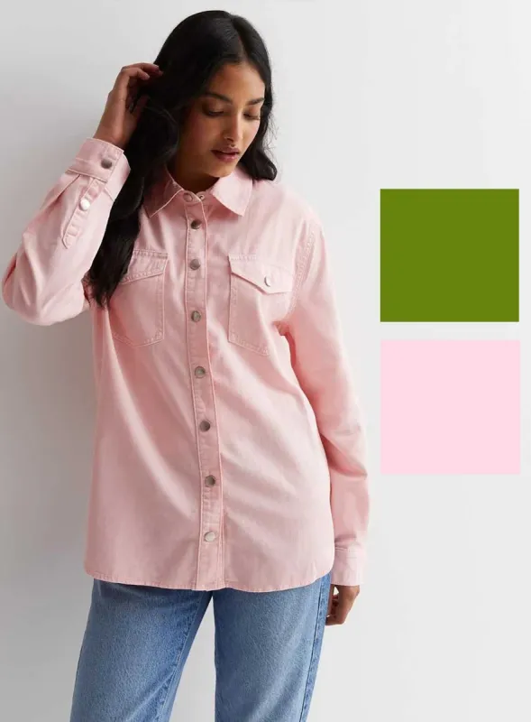Ladies Cotton Denim Oversized Shirt In Pink & Khaki made by Your Style Outlet