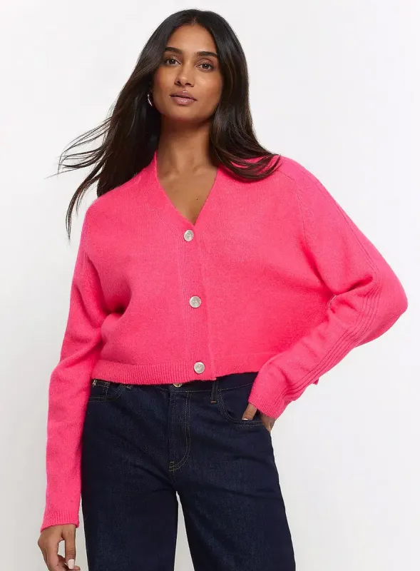 Ladies Pink Boxy Cut Cropped Cardigan Pink sold by Your Style Outlet