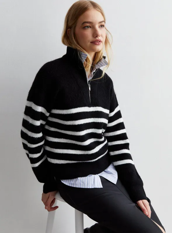 Ladies Striped Quarter Zip Jumper in Black And White sold by Your Style Outlet