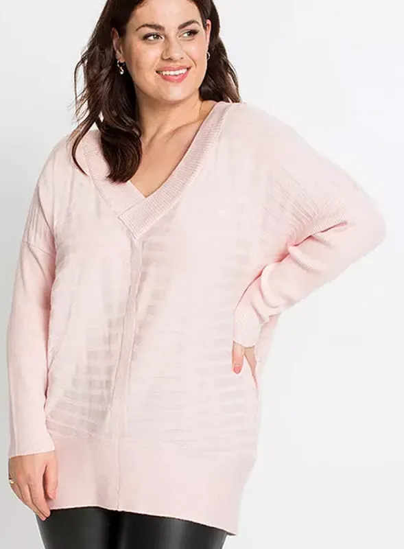 Ladies Plus Size Baggy Ribbed V Neck Jumper Pink Black sold by Your Style Outlet
