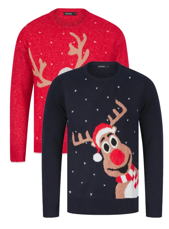 Ladies Mens Reindeer Christmas Xmas Festive Jumper Red Navy sold by Your Style Outlet