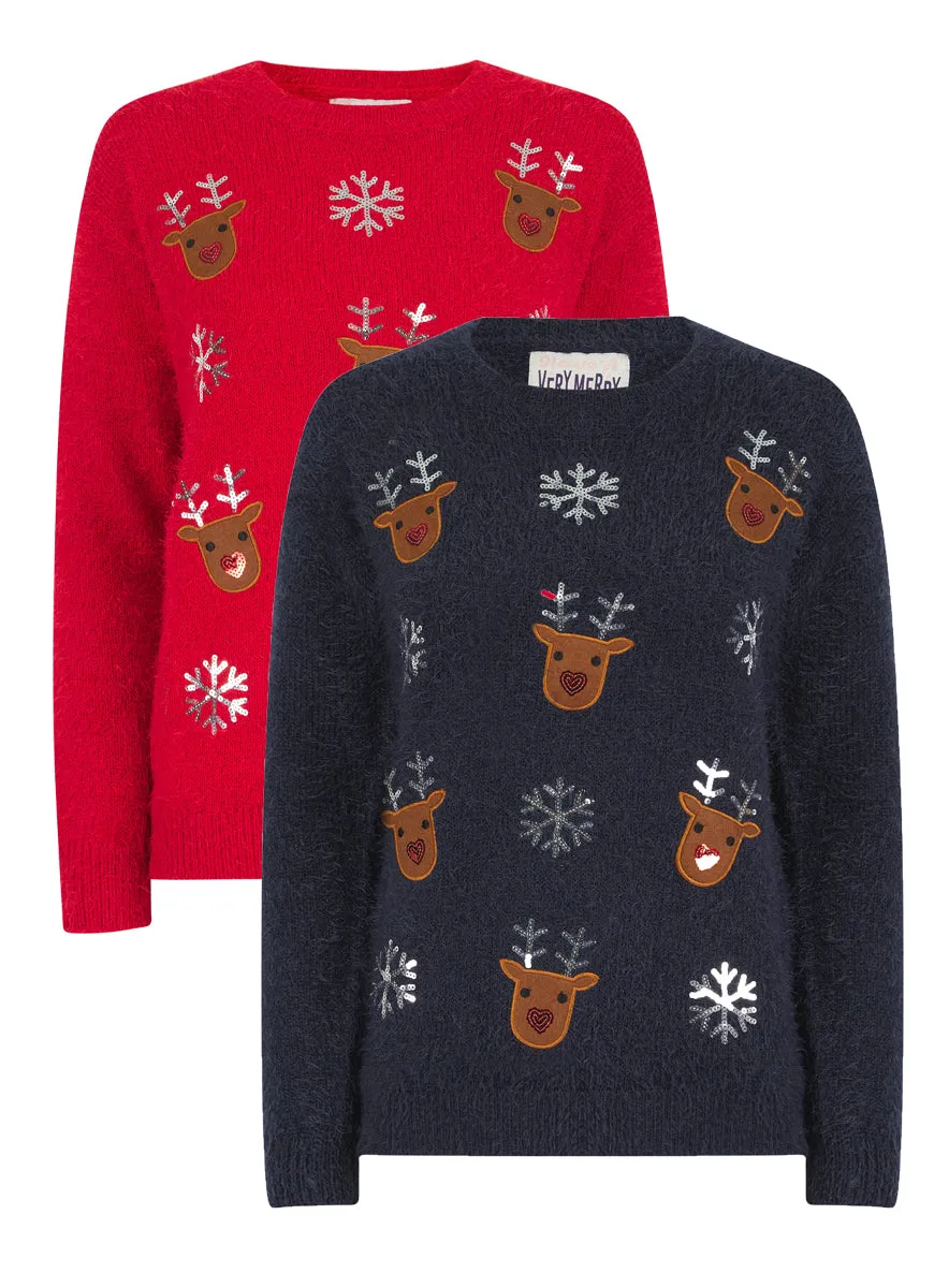 Ladies Sequin Reindeer Christmas Festive Jumper Red Navy sold by Your Style Outlet
