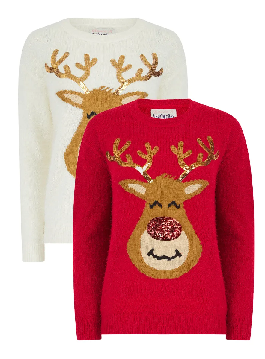 Ladies Reindeer Christmas Xmas Festive Jumper Red Cream sold by Your Style Outlet