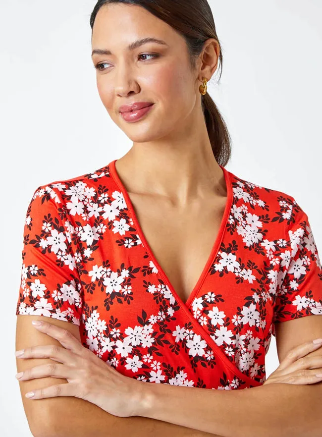 Ex Roman Red Floral Print Wrap V-Neck Stretch Top sold by Your Style Outlet product image thumbnail 2