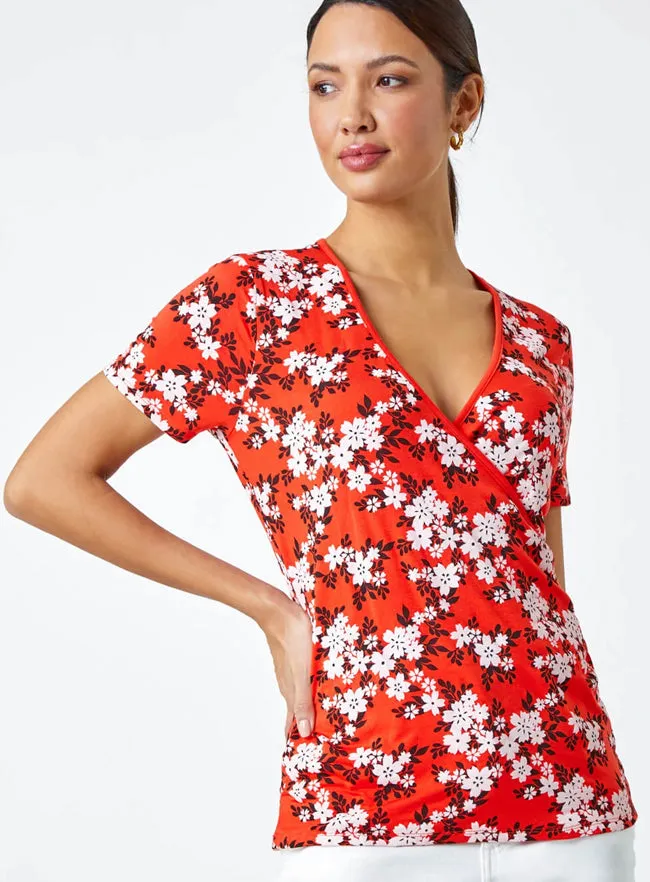 Ex Roman Red Floral Print Wrap V-Neck Stretch Top sold by Your Style Outlet