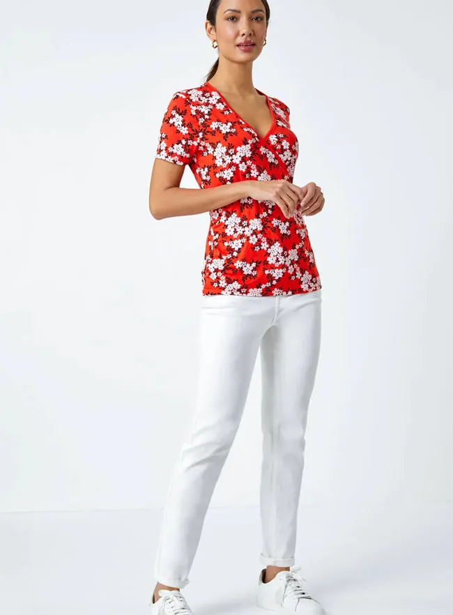 Ex Roman Red Floral Print Wrap V-Neck Stretch Top sold by Your Style Outlet product image thumbnail 3