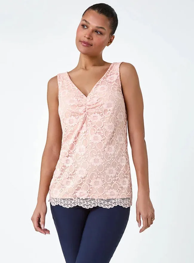 Ex Roman Light Pink Lace Twist Front Stretch Top sold by Your Style Outlet