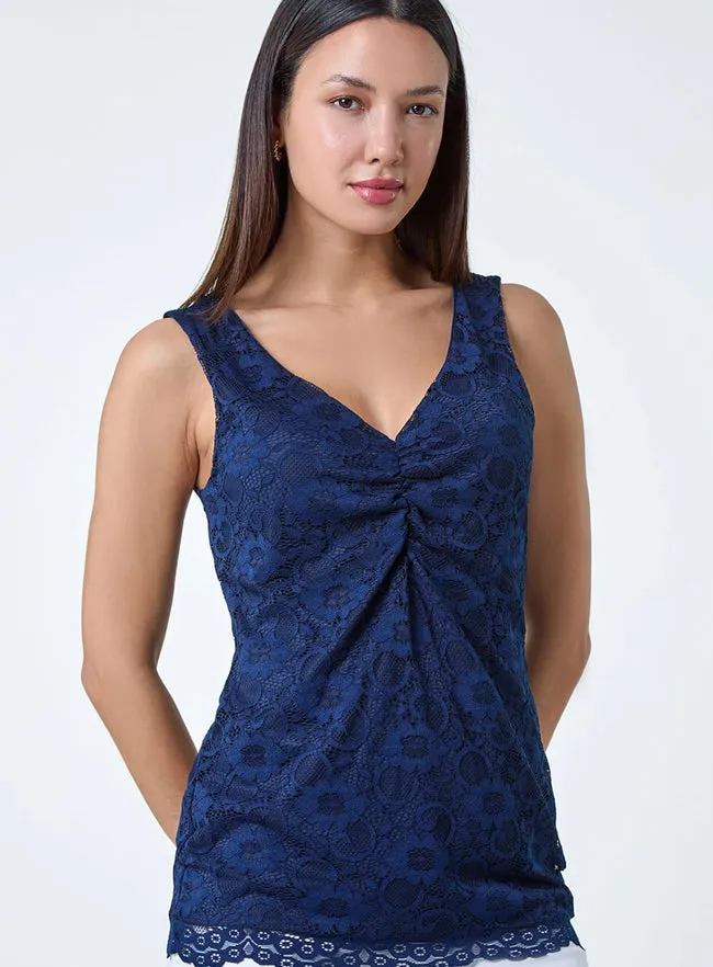 Ex Roman Navy Lace Twist Front Stretch Top sold by Your Style Outlet