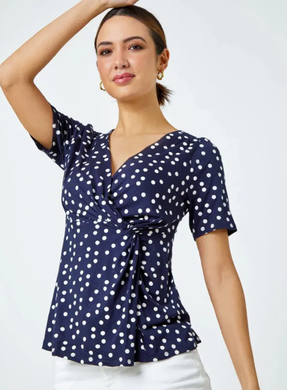Ex Roman Navy Spot Print Side Twist Wrap Top sold by Your Style Outlet