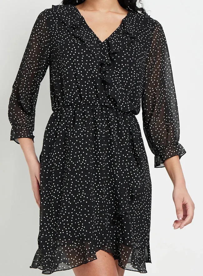 Polka Dot Faux Wrap Mini Dress With Elasticated Waist In Black Chiffon sold by Your Style Outlet product image thumbnail 4