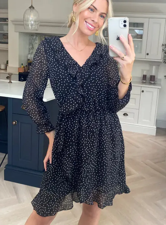 Polka Dot Faux Wrap Mini Dress With Elasticated Waist In Black Chiffon sold by Your Style Outlet