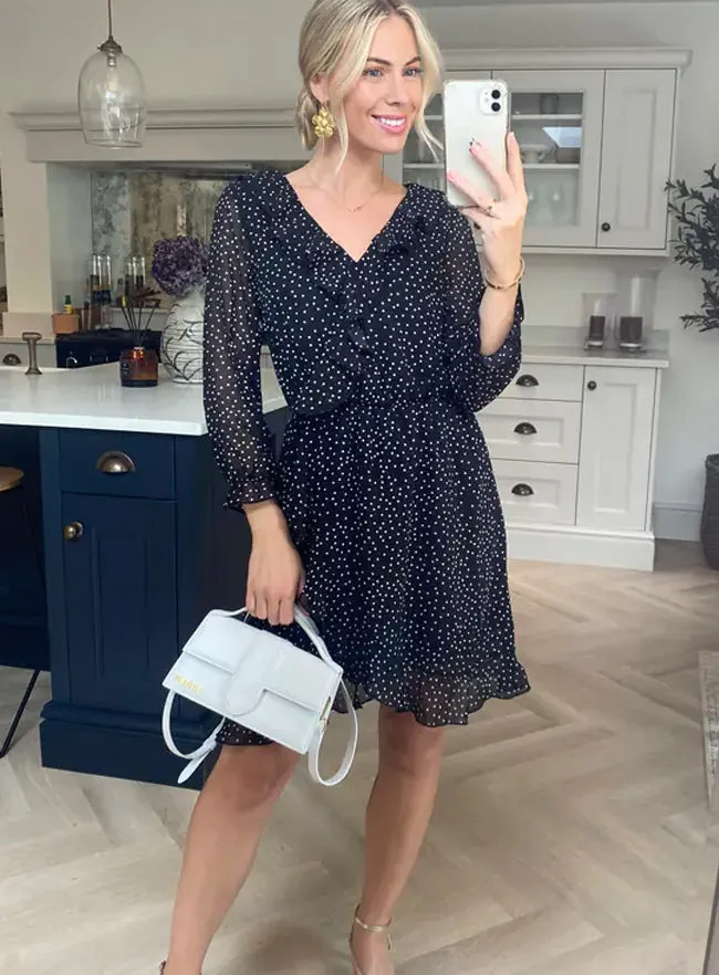 Polka Dot Faux Wrap Mini Dress With Elasticated Waist In Black Chiffon sold by Your Style Outlet product image thumbnail 2