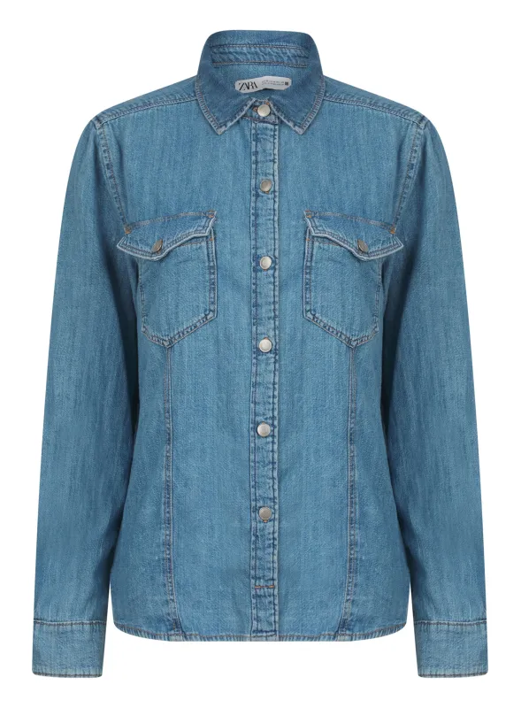 Ez Zara Ladies Western Denim Collared Shirt Blue sold by Your Style Outlet