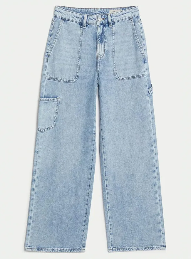 Womens Relaxed High Waisted Carpenter Wide Leg Jeans in Light Blue sold by Your Style Outlet