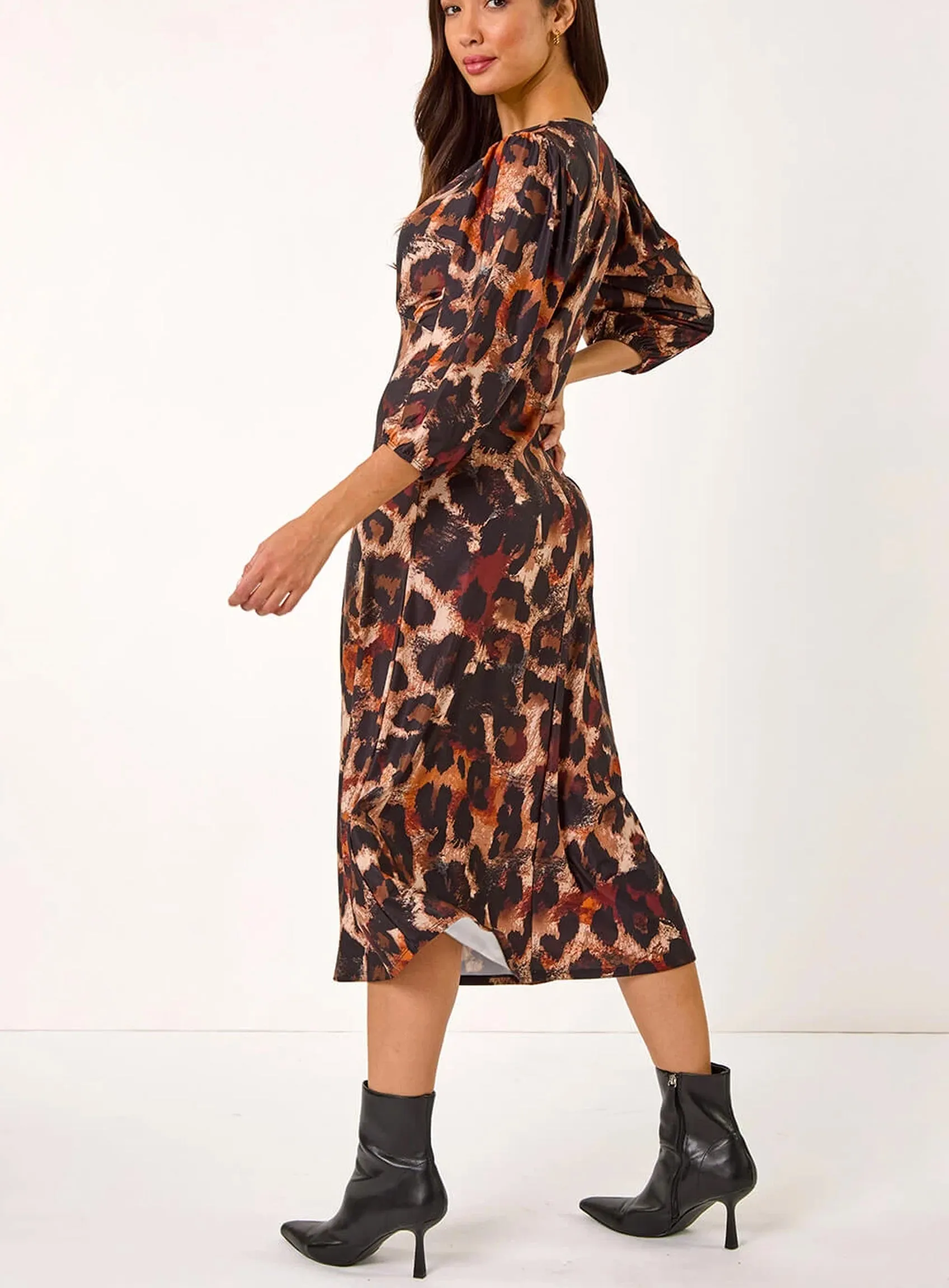 Tan Animal Print Gathered Stretch Midi Dress sold by Your Style Outlet product image thumbnail 3