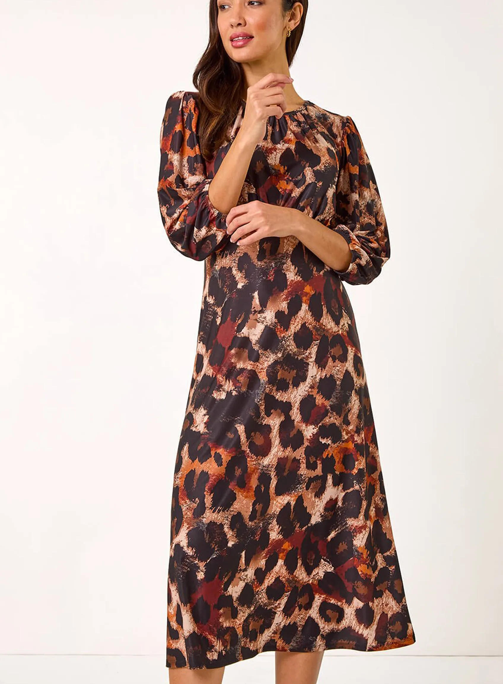Tan Animal Print Gathered Stretch Midi Dress sold by Your Style Outlet product image thumbnail 2
