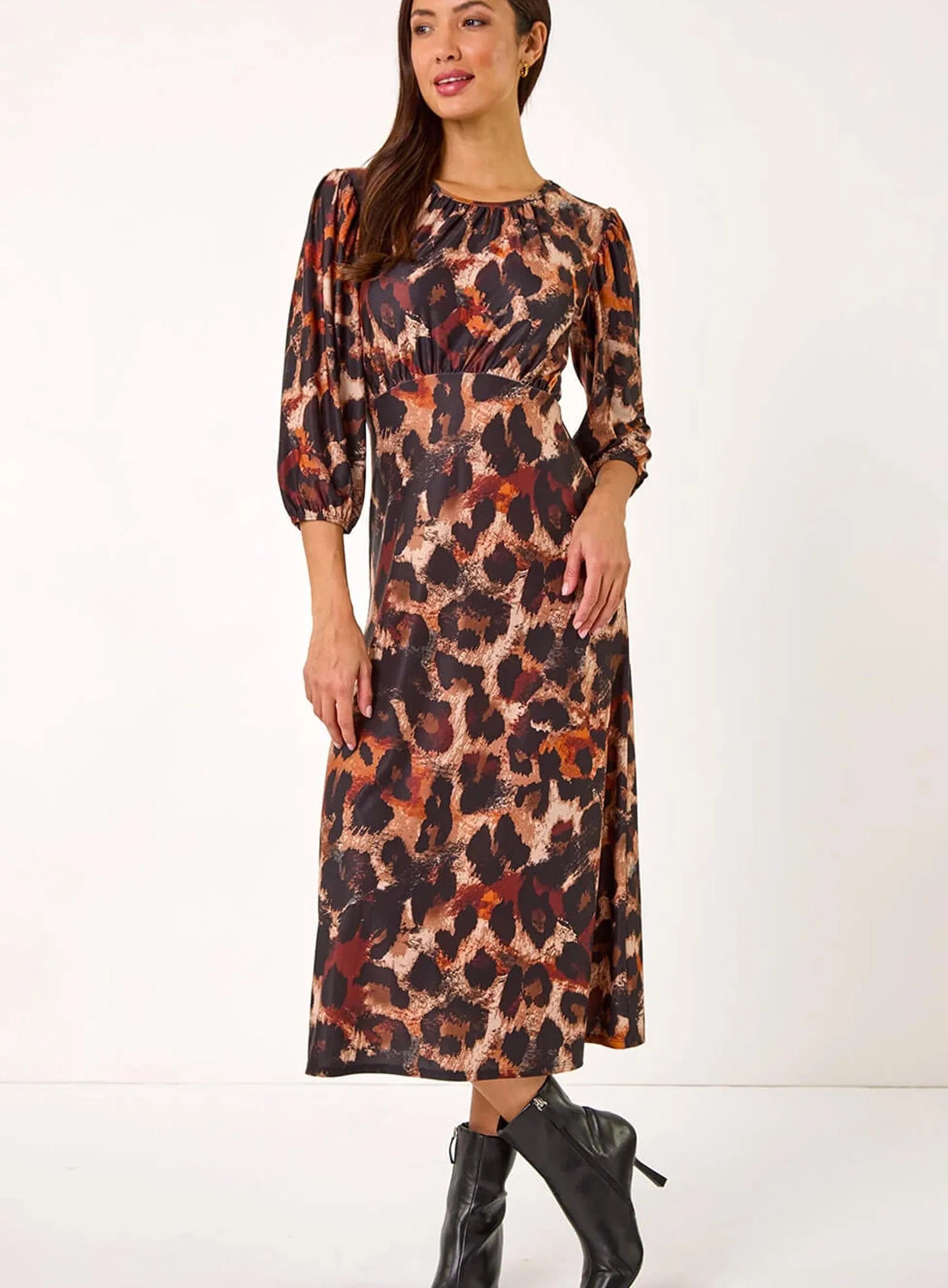 Tan Animal Print Gathered Stretch Midi Dress sold by Your Style Outlet