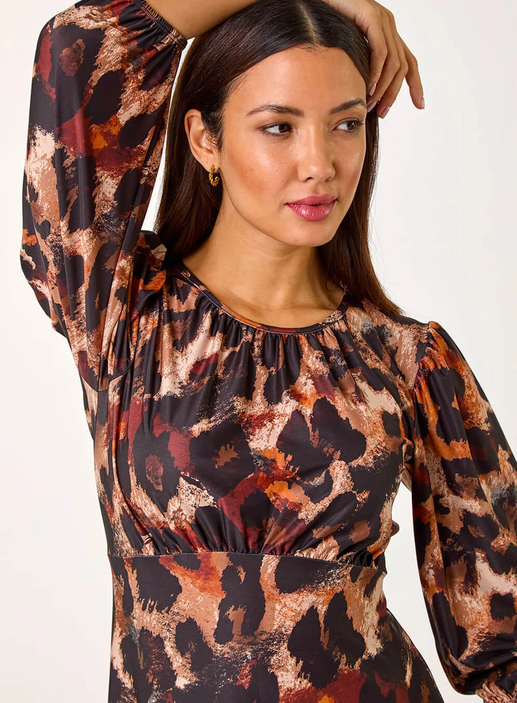 Tan Animal Print Gathered Stretch Midi Dress sold by Your Style Outlet product image thumbnail 4