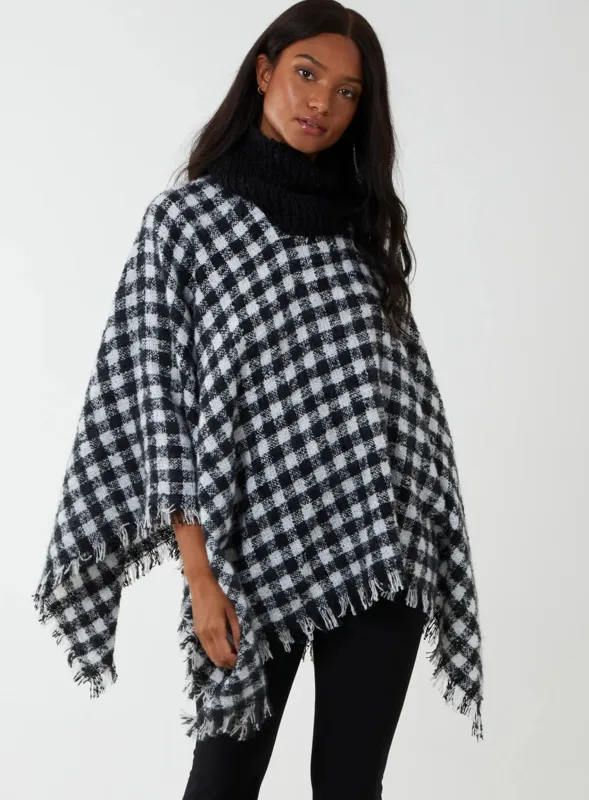 Ladies Black White Check Roll Neck Poncho sold by Your Style Outlet