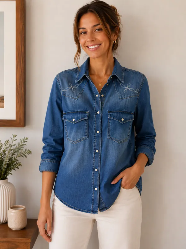 Blue Embroidered Seam Detail Fitted Denim Western 100% Cotton Shirt made by Your Style Outlet