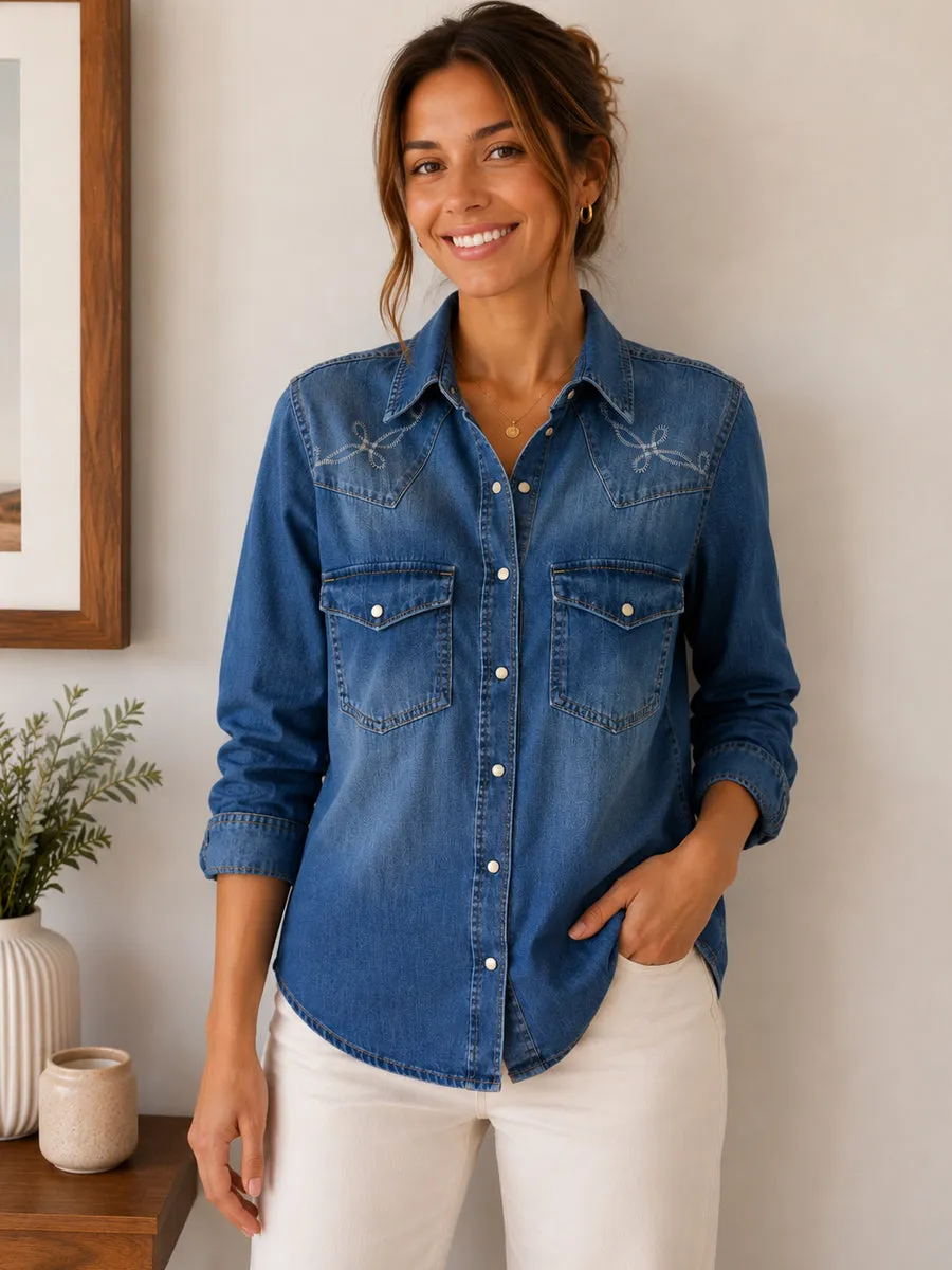 Blue Embroidered Seam Detail Fitted Denim Western 100% Cotton Shirt sold by Your Style Outlet