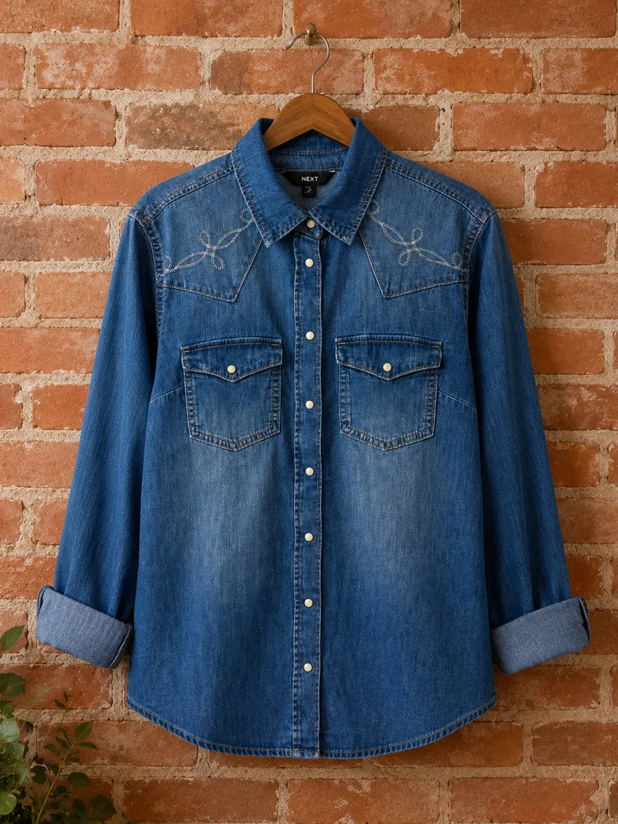 Blue Embroidered Seam Detail Fitted Denim Western 100% Cotton Shirt sold by Your Style Outlet product image thumbnail 3